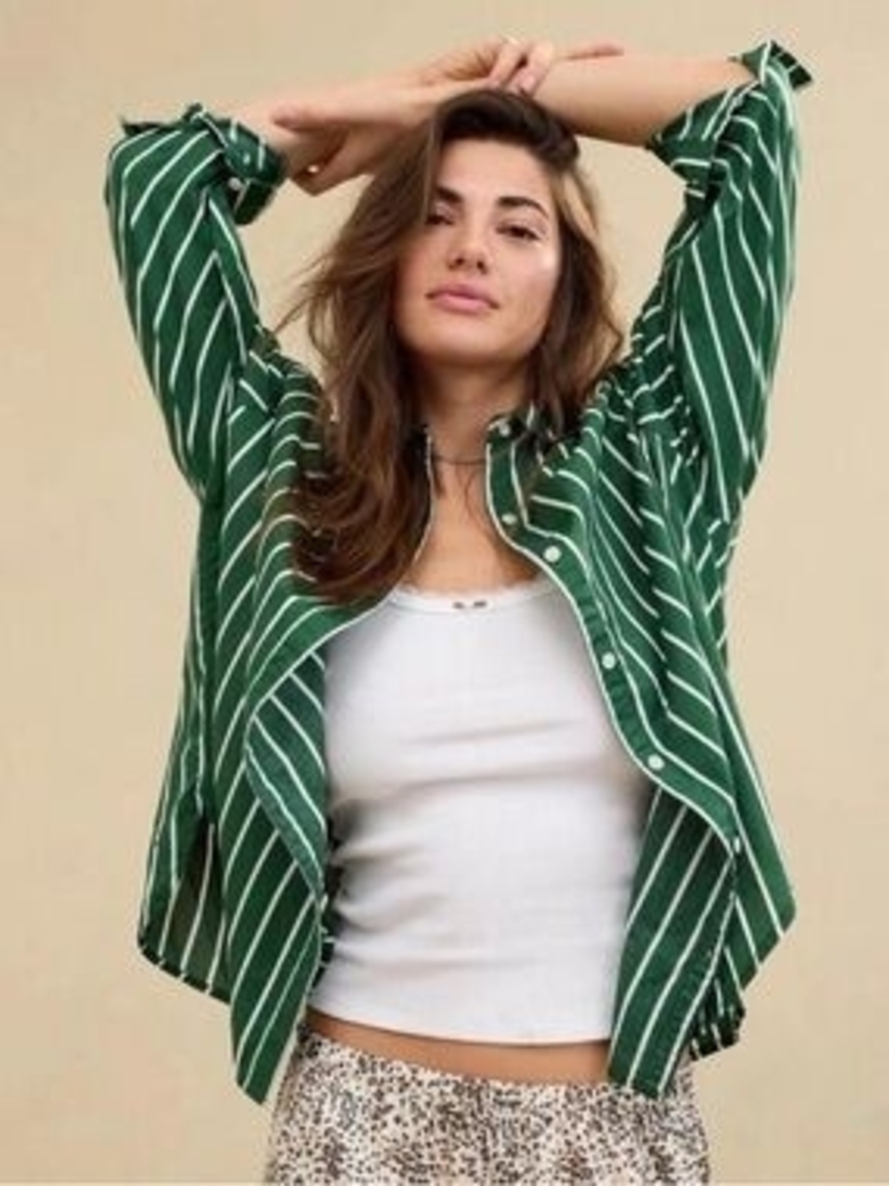 aerie Green and White Striped Button-Up Shirt Jacket